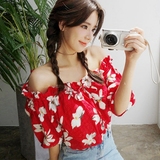 allien韩国正品代购夏装性感花朵一字领甜美红色灯笼袖女上衣衬衫
