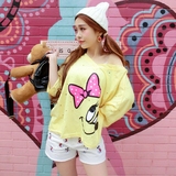 韩版夏季新款可爱卡通米老鼠宽松中长款T恤V领露肩嘻哈风休闲T女
