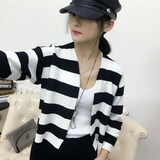 2016春款韩版时尚百搭黑白条纹罗马加厚毛线针织开衫女短款外套潮