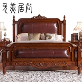 美式乡村实木床1.8米双人床真皮软靠复古婚床1.5m现货雕花高箱床
