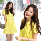 2016韩国夏季女装短袖宽松简约a型黄色连衣裙韩版娃娃裙学生短裙