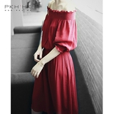 PKH.HK特 夏季新品  时髦清新一字领 特别的褶皱舒棉收腰连衣裙