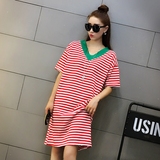 王子娜2016夏季新品韩版时尚宽松大码V领条纹中长款短袖t恤学生女