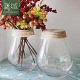 美式乡村麻绳元素简约透明玻璃花瓶花器餐桌客厅家居装饰摆件摆设