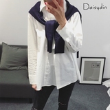 2016韩国秋装新款宽松大码纯色白衬衫棉 披肩字母毛衣两件套女