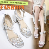 2016新款韩国公主水晶鞋凉鞋女夏中跟粗跟高跟鞋透明钻石一字扣带