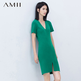 Amii2016春装新款 艾米女装V领修身包臀大码针织女士短袖连衣裙夏