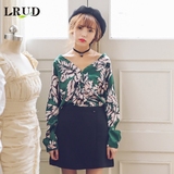 LRUD2016春装新款韩版V领露肩印花衬衫女单排扣宽松百搭长袖衬衣