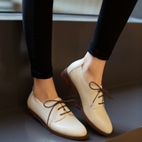 2016新款米白女鞋单鞋低跟方跟深口系带大码鞋33 40 41-43码春鞋