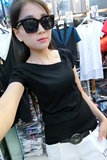 领口不规则纯色T恤女夏季短袖短款修身黑色简单斜领斜肩性感上衣
