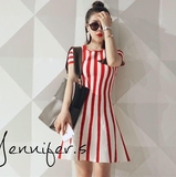 新款jennifer.s韩版修身竖条纹针织连衣裙高腰显瘦短袖短裙一步裙