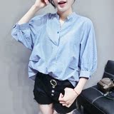 2016夏季新品韩版宽松V领条纹衬衣后背单排扣蝙蝠袖衬衫上衣女潮