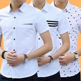 夏季短袖男士衬衫韩版修身格子上衣青少年薄款条纹印花半袖衬衣潮