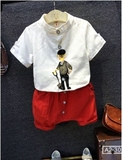 韩版儿童白色衬衫+红短裤两件套装2016夏男童宝宝短袖垮裤休闲装
