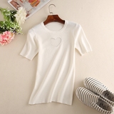 冰丝针织短袖t恤女士紧身短款半袖v领白色打底衫修身显瘦韩国上衣