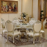 天然大理石餐桌 欧式香槟银实木圆桌双层带转盘餐厅餐桌椅组合