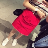 JS夏季新款2016韩国大红色高腰显瘦短裙口袋工装半身裙包臀A字裙