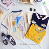 新款可爱t恤女短袖夏季日系原宿童趣室内设计拼色宽松翻领polo衫