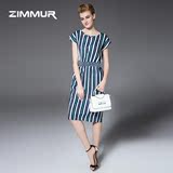 ZIMMUR2016夏季新款女装圆领短袖欧美时尚修身过膝条纹印花连衣裙