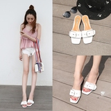 韩版2016夏季新款休闲气质方头皮带扣一字型粗跟凉拖鞋中跟拖鞋女