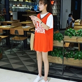 夏季韩版学院风字母印花假两件拼接短袖t恤女学生宽松中长款上衣