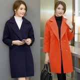 冬季韩版中款加厚茧型毛呢外套尼羊绒橘红色女呢子大衣中长款学生