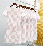 韩国代购女装2016夏季新款修身显瘦直筒A型粉色格子短袖A字连衣裙
