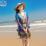 新款韩版大码宽松显瘦中长款真丝连衣裙喇叭袖波西米亚海边沙滩裙