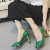 16早秋新款低帮鞋韩版方头浅口粗跟女单鞋绿色漆皮高跟鞋简约性感