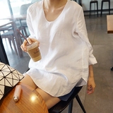 2016夏新款韩版棉麻衬衫女七分袖中长款宽松大码亚麻衬衣学院风潮
