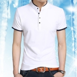 唯品会夏季男士短袖T恤韩版修身薄款青年个性立领潮男纯色上衣服