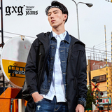gxg.jeans男装春新款休闲纯色中长款青年连帽风衣外套#61908001