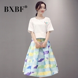 BXBF短袖连衣裙夏中长款高腰遮肚气质白色印花两件套宽松大码显瘦