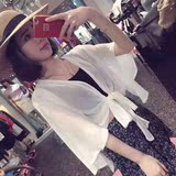 2016夏新款女装韩版短款喇叭袖冰丝防晒衫开衫蝴蝶结系带外套上衣