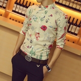 潮男短袖衬衫韩版时尚发型师修身五分袖花寸衫男个性夜店中袖衬衣