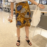 韩国夏季复古气质夏季高腰花朵叶子金属扣系带半身裙中长裙A字裙