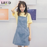LRUD2016夏季新款韩版女装学院风牛仔连衣裙宽松休闲口袋吊带裙