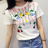 2016夏装新款韩版修身显瘦百搭甜美刺绣花朵圆领短袖T恤女打底衫