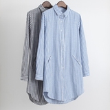 新款2016韩国中长款女衬衫 休闲棉麻蓝白条纹宽松显长袖衬衣女款