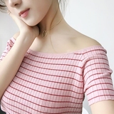 韩国ulzzang夏季新品百搭条纹一字领显瘦弹性x修身针织短t恤女TEE