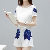 夏季2016韩版新款印花两件套时尚显瘦短袖上衣+阔腿短裤套装女装