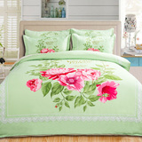 全棉四件套 1.8m床上用品 绿色纯棉被套床单1.5米床笠款三件套1.2