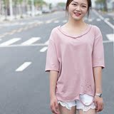 新款破洞T恤短袖 原宿风个性休闲纯色宽松打底上衣女 夏季2016