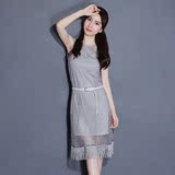 2016新款韩版显瘦网格镂空无袖流苏背心裙中长款连衣裙两件套女夏