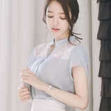 韩国代购女装2016夏款时尚气质韩版职业蕾丝立领蓝色短袖雪纺衬衫