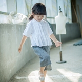 女童短袖棉麻衬衫 2016夏装开衫上衣 韩版风琴皱半袖白色立领衬衣