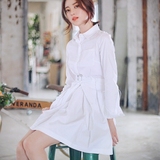 2016秋装新款韩版女装白色长袖衬衫连衣裙修身显瘦收腰打底裙中裙