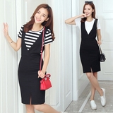 背带裙女夏季韩国中长款短袖连衣裙学生显瘦背心套装裙两件套裙子