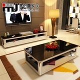 浩迈嘉不锈钢电视柜简约现代钢化玻璃电视机柜茶几组合黑白家具