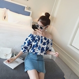 一字领性感上衣女2016夏季新款女装韩版叶子印花包袖短款中袖T恤